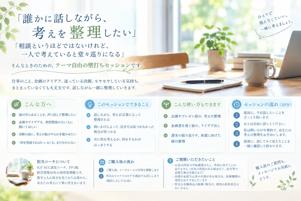 30分｜テーマ自由の壁打ち。話して考えを整理します まとまっていなくて大丈夫。思いつくまま話してください イメージ1