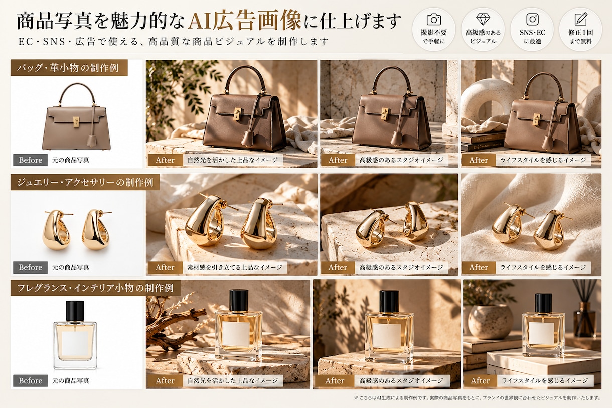 商品写真を魅力的なAI広告画像に仕上げますます 撮影不要で高級感のある商品ビジュアルを制作 イメージ2