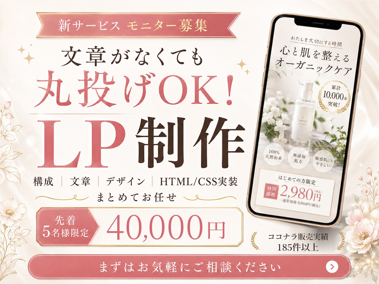 先着5名様限定・モニター価格でLPを制作します 構成・文章・デザインおまかせでOK！先着5名様40,000円 イメージ1