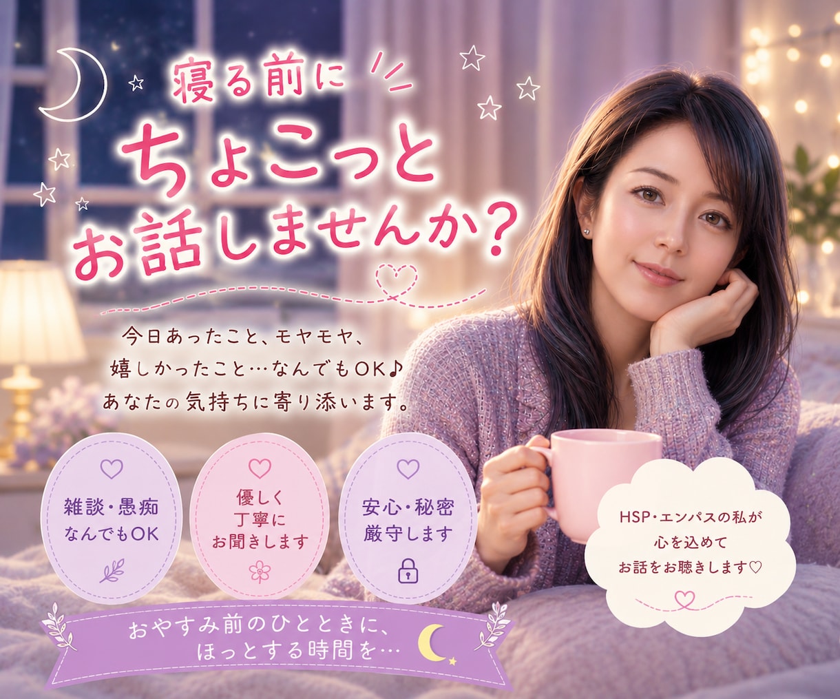 寝る前にちょこっとお話聞きます 雑談/愚痴/今日の出来事/眠れない夜/寂しい夜 イメージ1