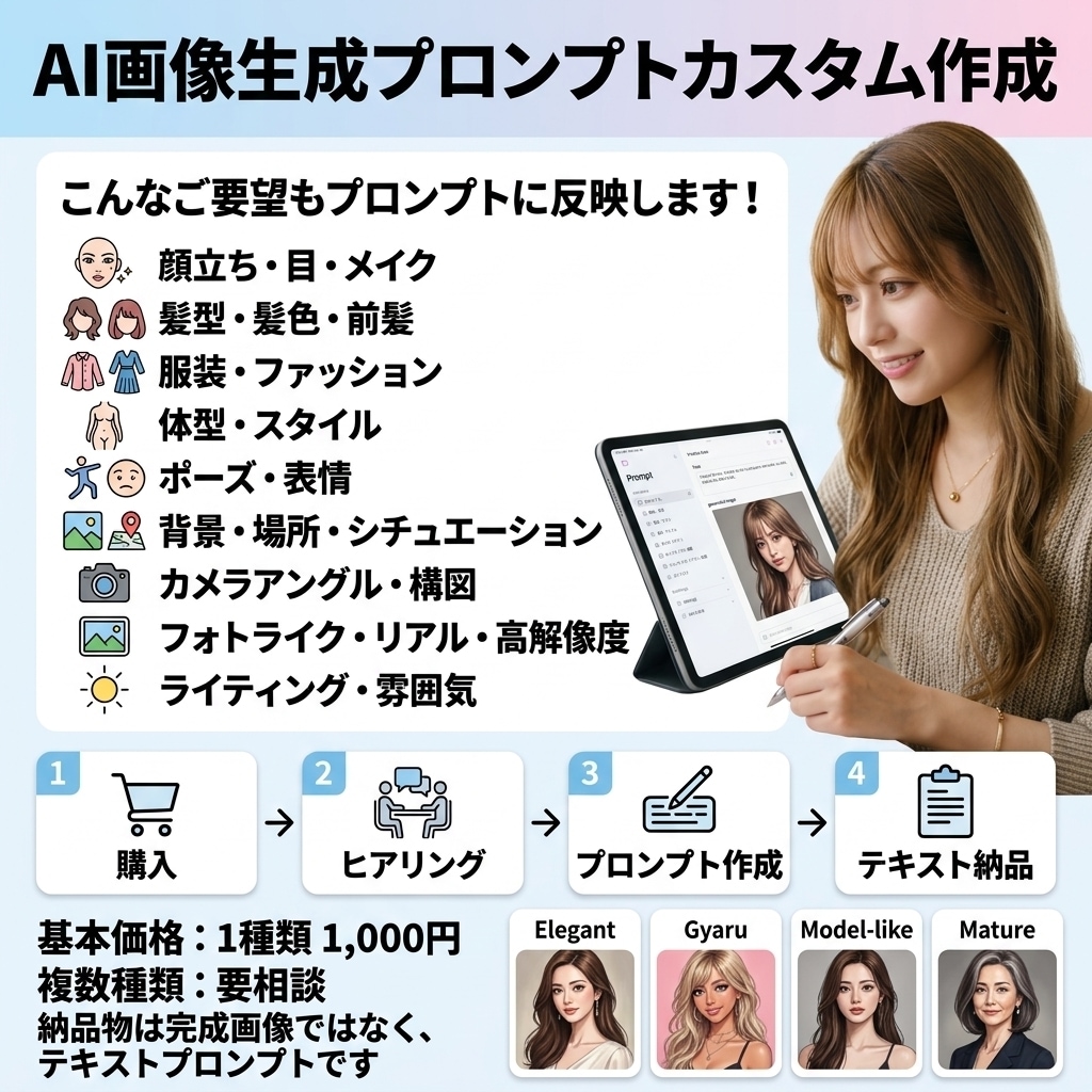 AI画像生成用のオーダーメイドプロンプト作成します 理想のAI美女を生み出す高品質プロンプトをオーダーメイド制作 イメージ2