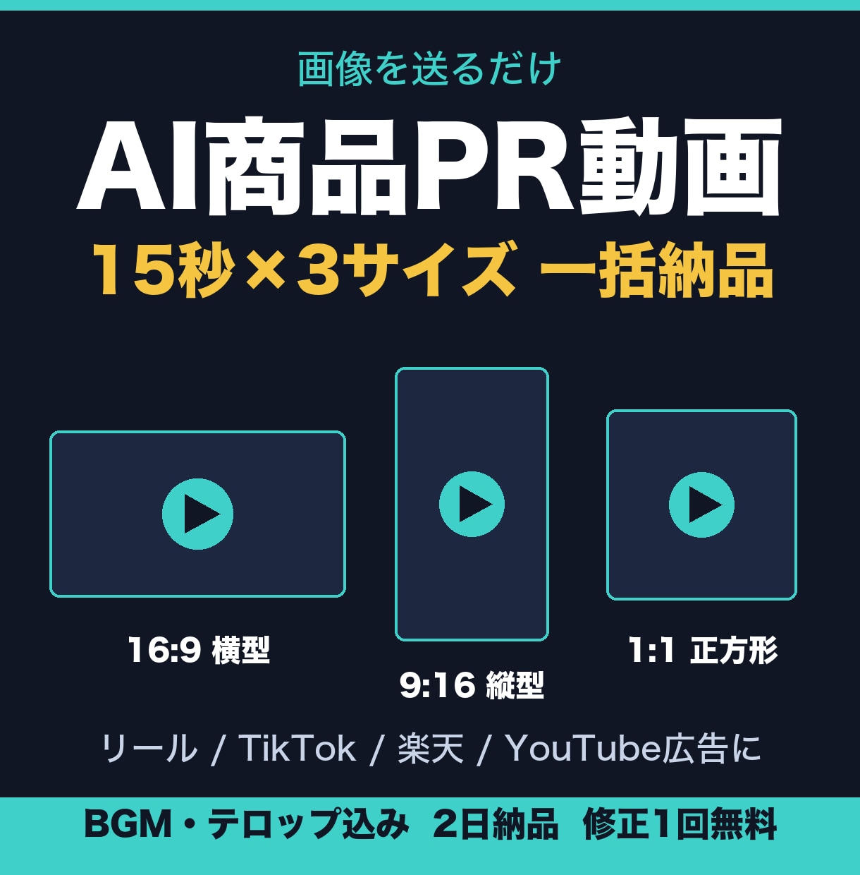AIで商品PR動画を3サイズ一括制作します 画像を送るだけ。横・縦・正方形の15秒動画セット イメージ1