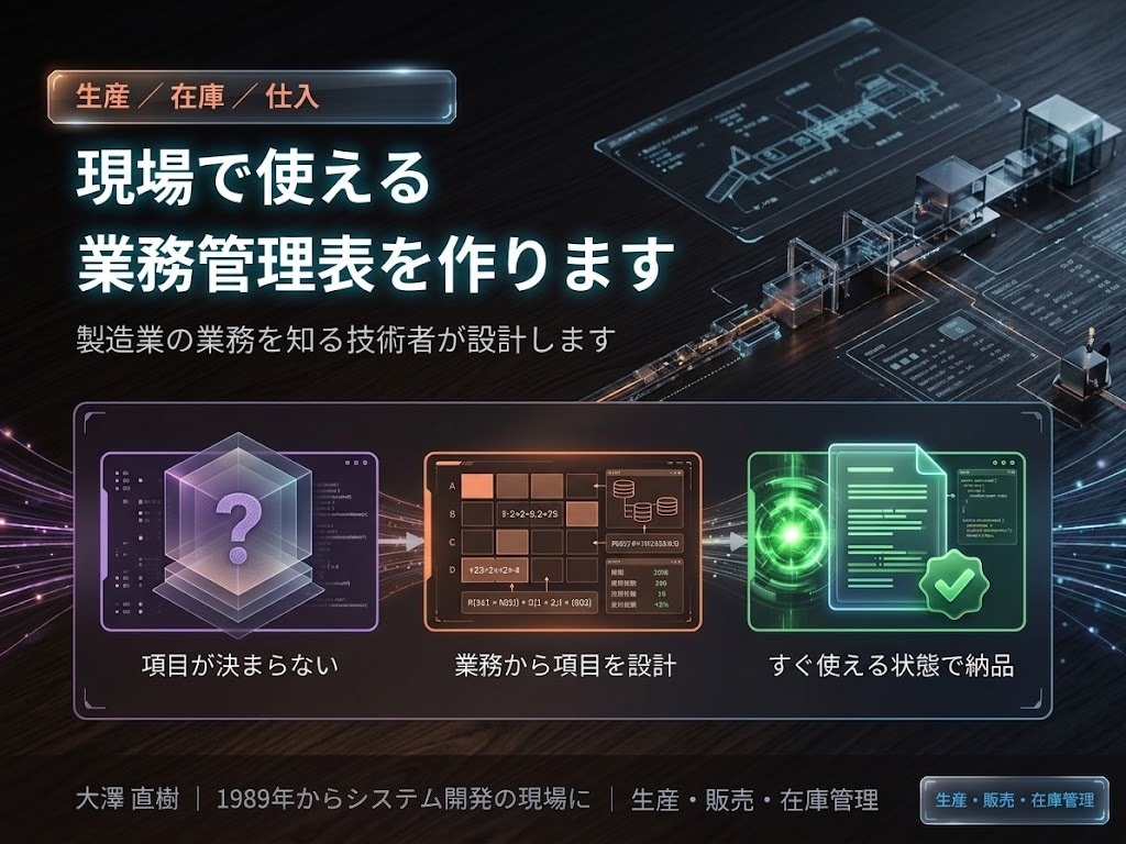 生産・在庫・仕入の業務管理表を作りますます 現場で使える形に。製造業の業務を知る技術者が設計します イメージ1