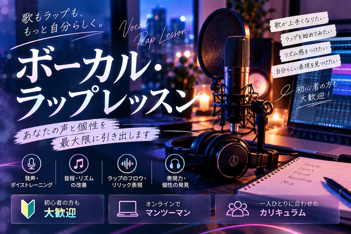 歌・ラップを自分らしく楽しく上達させていただきます 声と個性を活かした表現を一緒に見つけます イメージ1