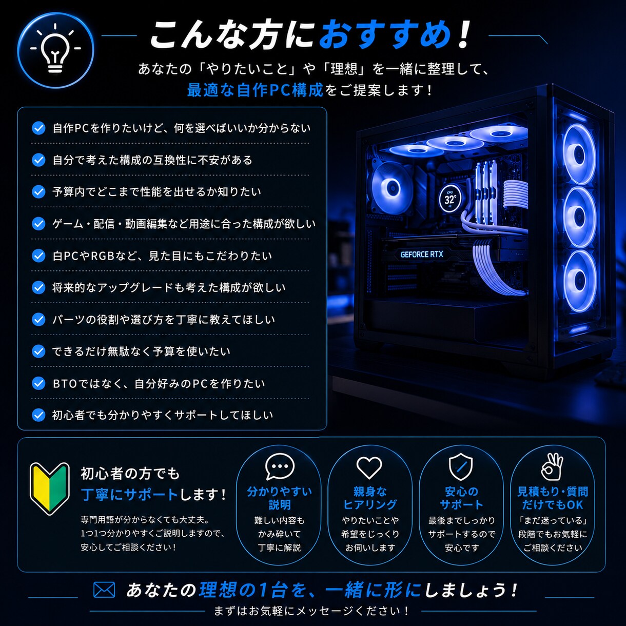 予算・用途・見た目に合わせ自作PC構成を提案します パーツ選びから互換性確認まで初心者にも丁寧にサポートします イメージ2