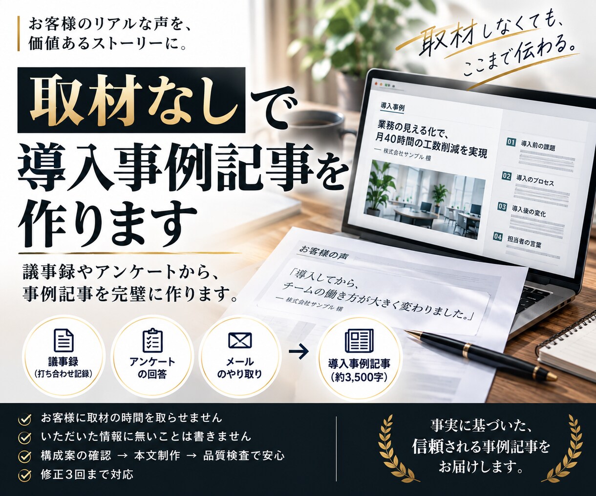 取材なしで導入事例記事を作ります 議事録やアンケートから、導入事例記事を作ります イメージ1