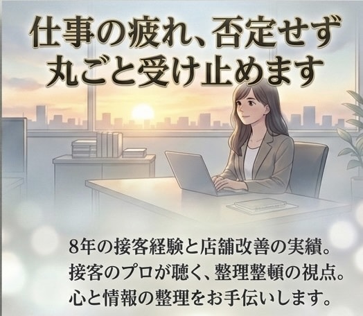 仕事のモヤモヤ・人間関係の疲れ否定せず受け止めます 8年の接客経験と店舗改善の実績から、心に深く寄り添います イメージ1