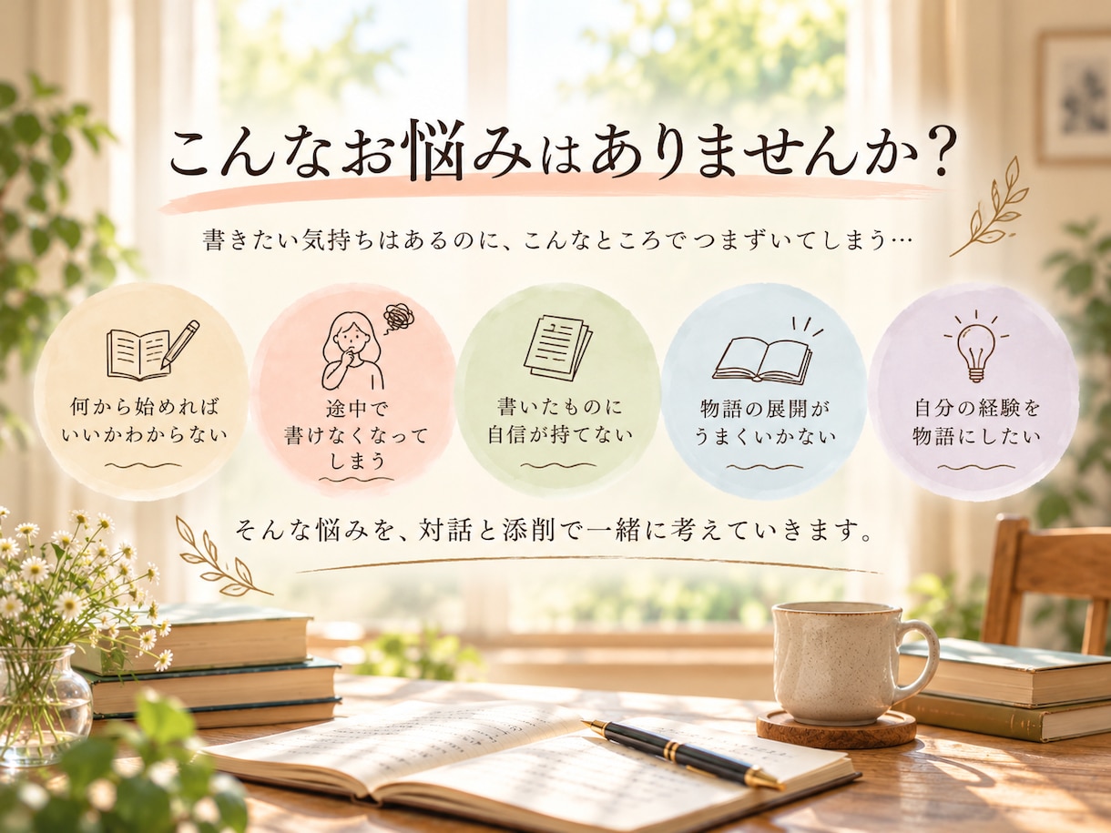 書きたい想いを物語に。小説家が30日間伴走します まずは、貴方らしい物語の紡ぎ方を対話で一緒に見つけましょう。 イメージ3