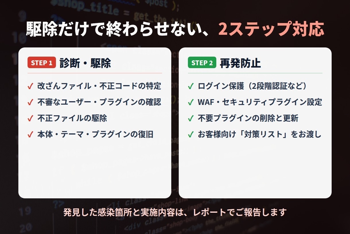 WordPressのマルウェアを駆除します 改ざん・不正リダイレクトを駆除し、再発防止まで対応 イメージ3