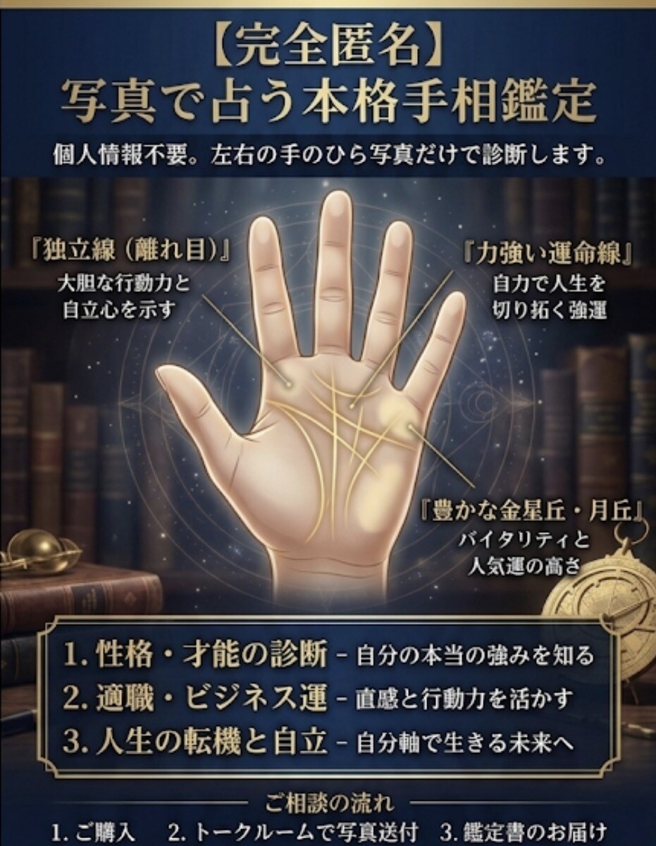 性格から未来の転機まで手相で総合的に鑑定します ⁠前を向く勇気がもらえる、あなただけの丁寧な鑑定書をお届け イメージ1