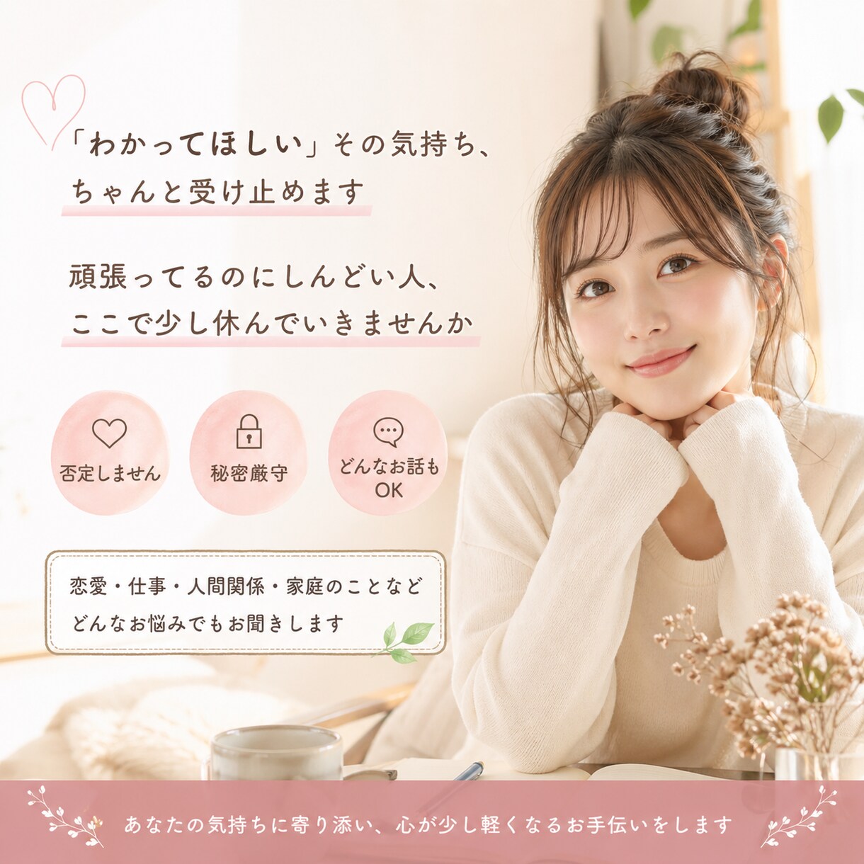 誰にも言えない悩み、優しく聞きます * 頑張ってるのにしんどい人、ここで少し休んでいきませんか イメージ1