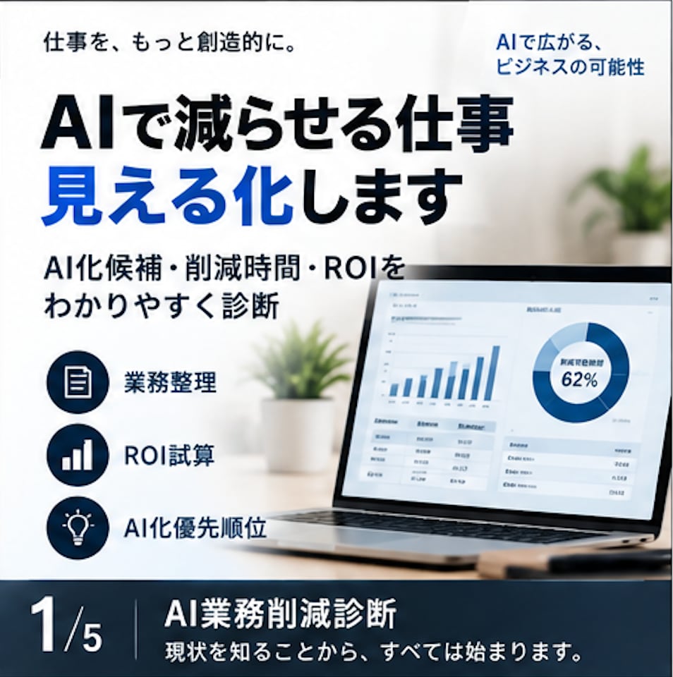 90分で「AIで減らせる仕事」を特定します 生成AI・業務自動化による削減効果と優先順位を診断します。 イメージ1
