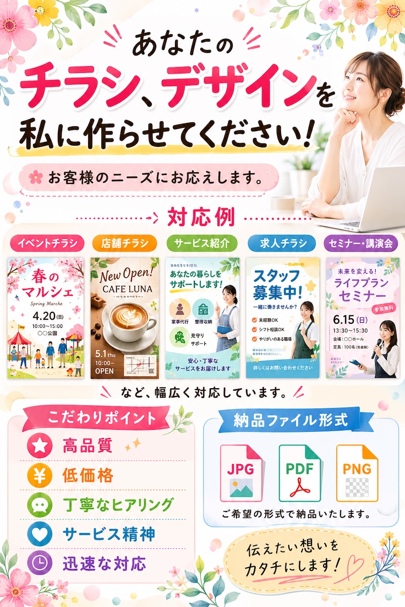 あなたのイメージをチラシにします 丁寧なヒアリングで、お客様の想いを形にします。 イメージ1