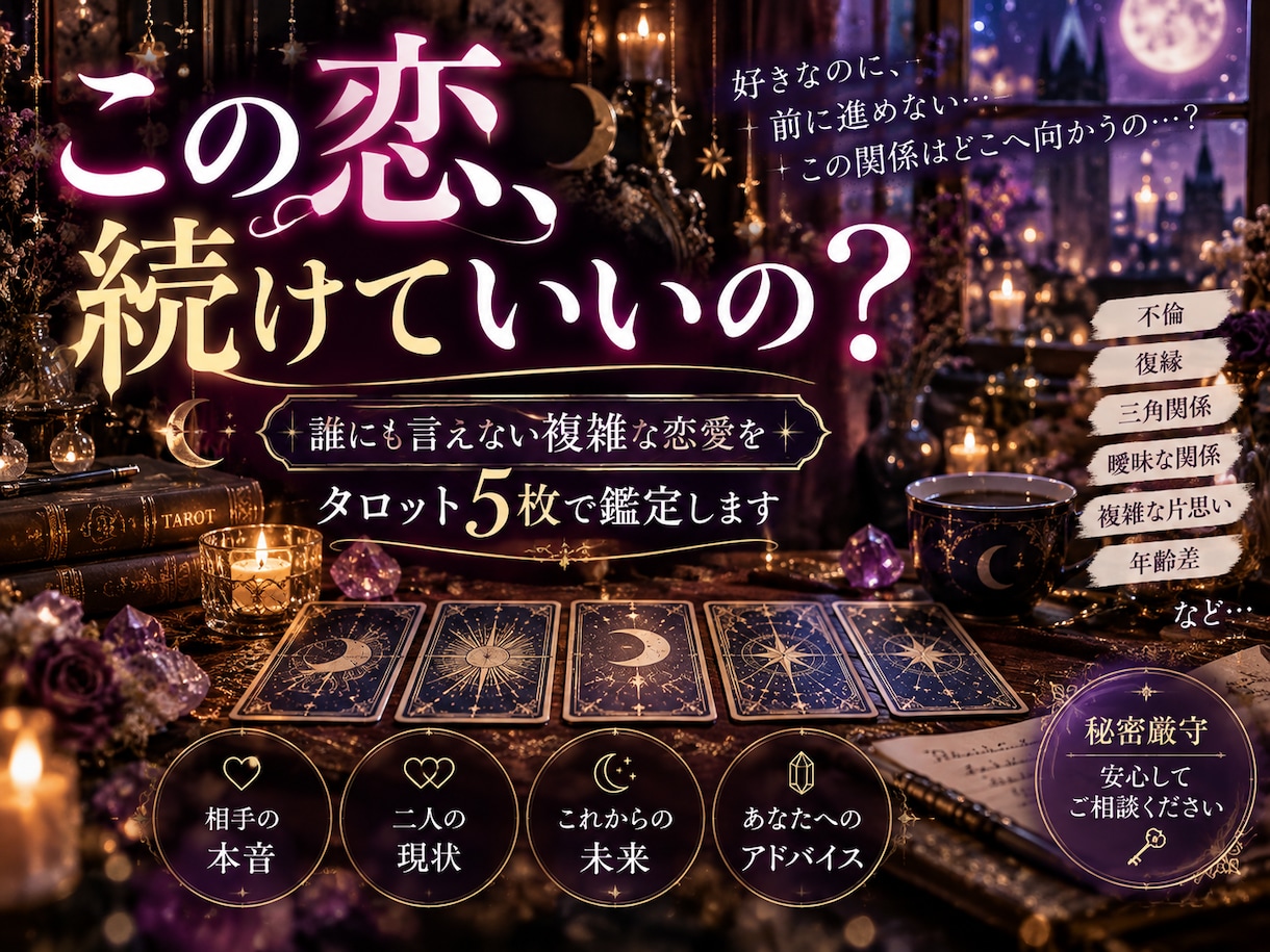 誰にも言えない 複雑な恋愛の本音と未来を鑑定します この恋、続けていいの？誰にも言えない… イメージ1