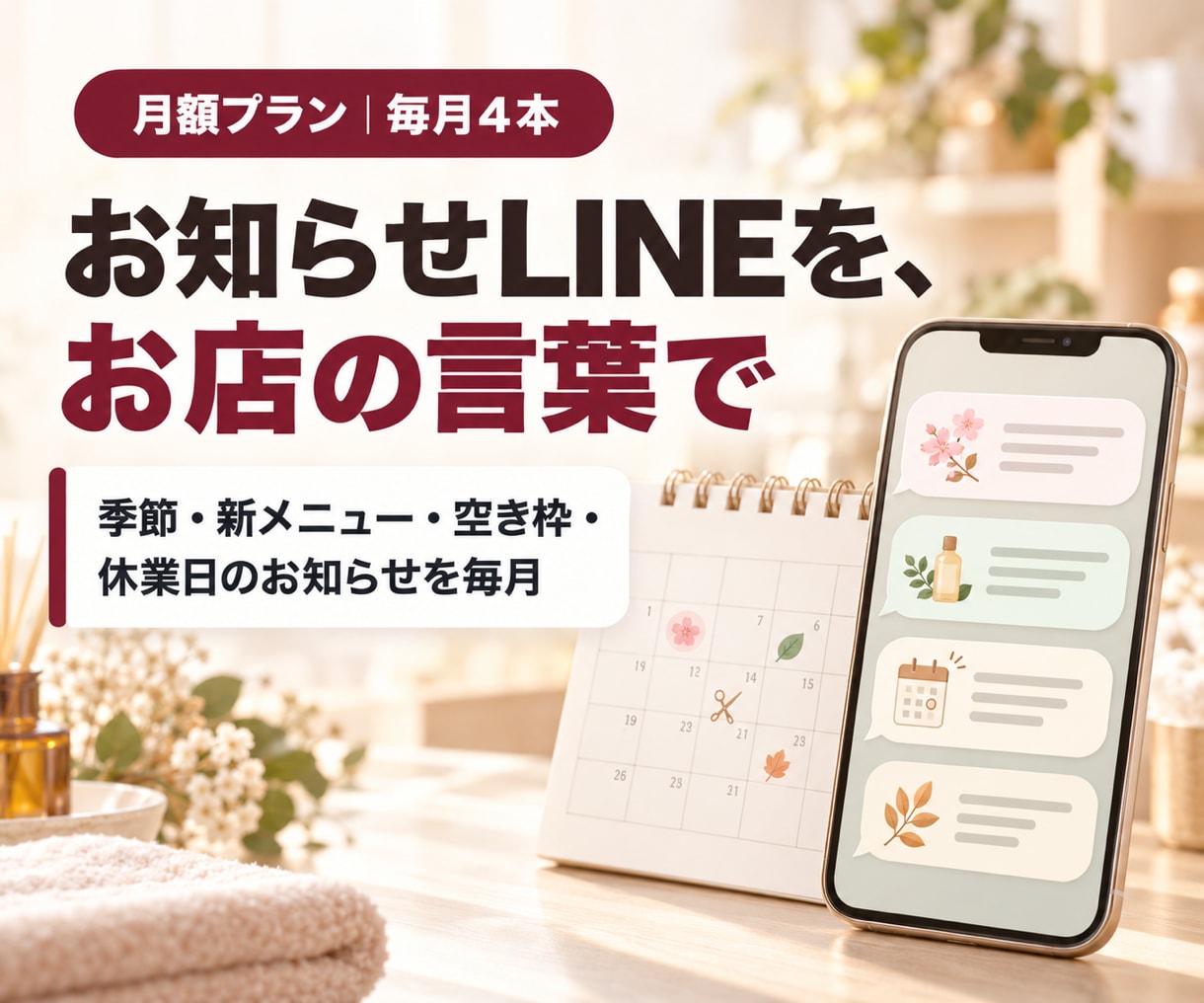 サロンのお知らせLINEを毎月お店の言葉で作ります 季節やメニューのお知らせ4本を毎月お届け イメージ1