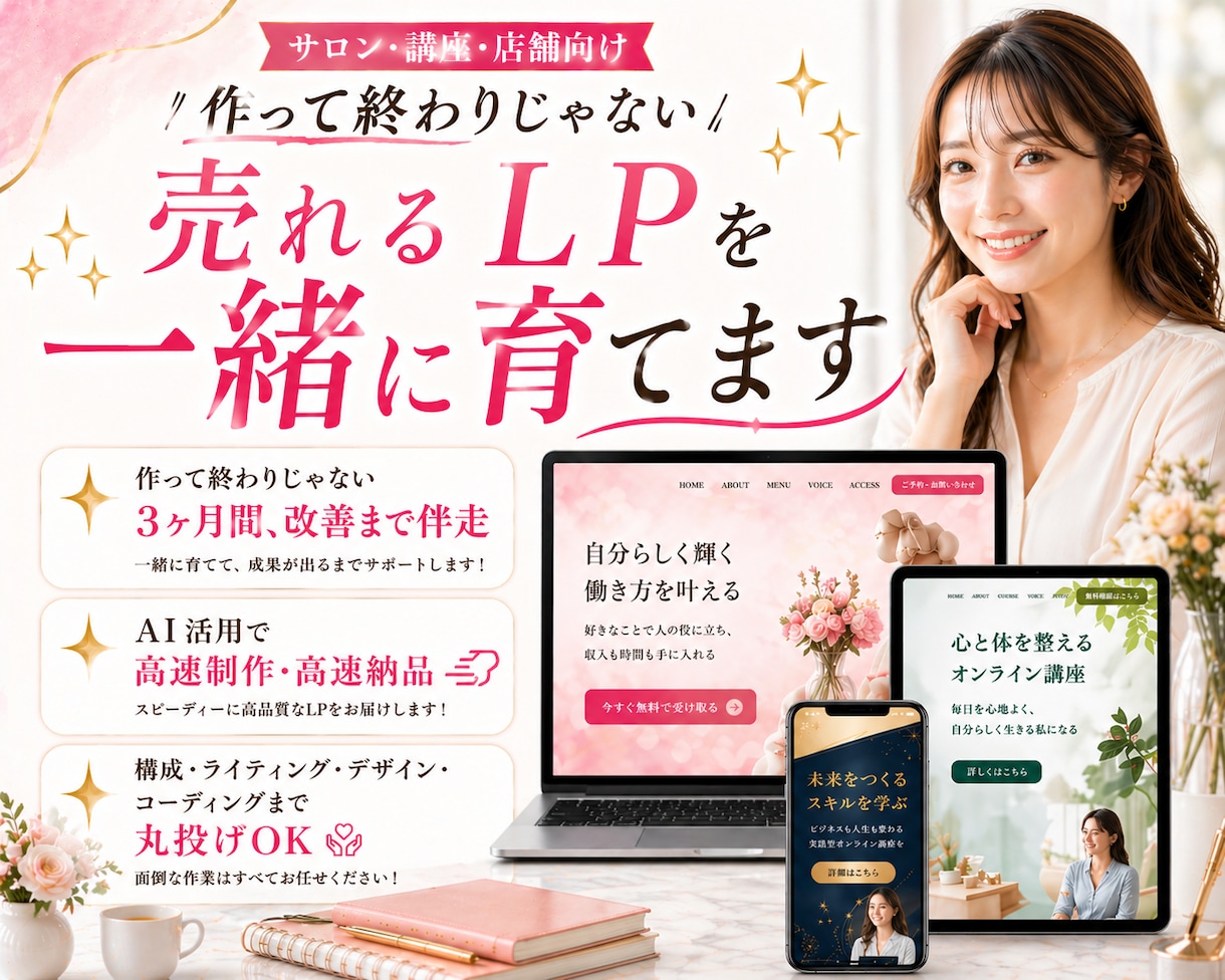 選ばれる店舗になるLP制作で集客を伴走します 制作から改善まで、３ヶ月の伴走で一緒に売れるLPを育てます イメージ1