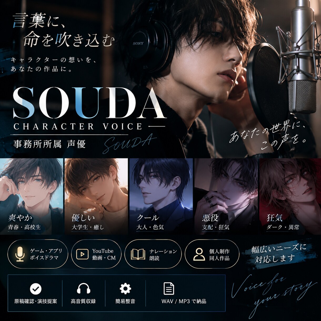 事務所所属の声優がキャラボイスを演じます 青年から悪役まで、作品に生きる声を丁寧に収録 イメージ1