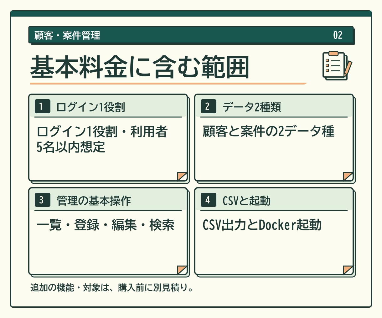 顧客・案件管理Webアプリを開発します ログイン1役割で顧客と案件を登録検索CSV出力 イメージ2