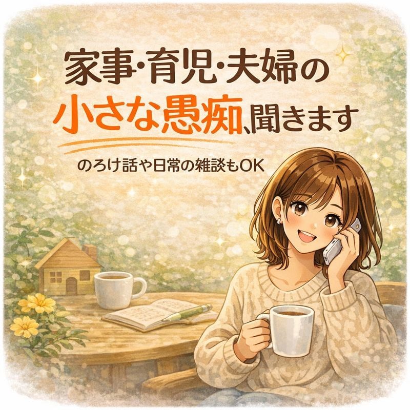 家事・育児・夫婦の小さな愚痴、気軽に聞きます 誰にも言えない日常の本音、安心して話せる通話時間です。 イメージ1