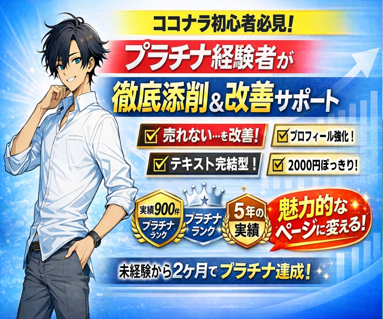 5年間プラチナ出品者が あなたのココナラ改善します 実績900件の現役プラチナがココナラを本気添削します イメージ1