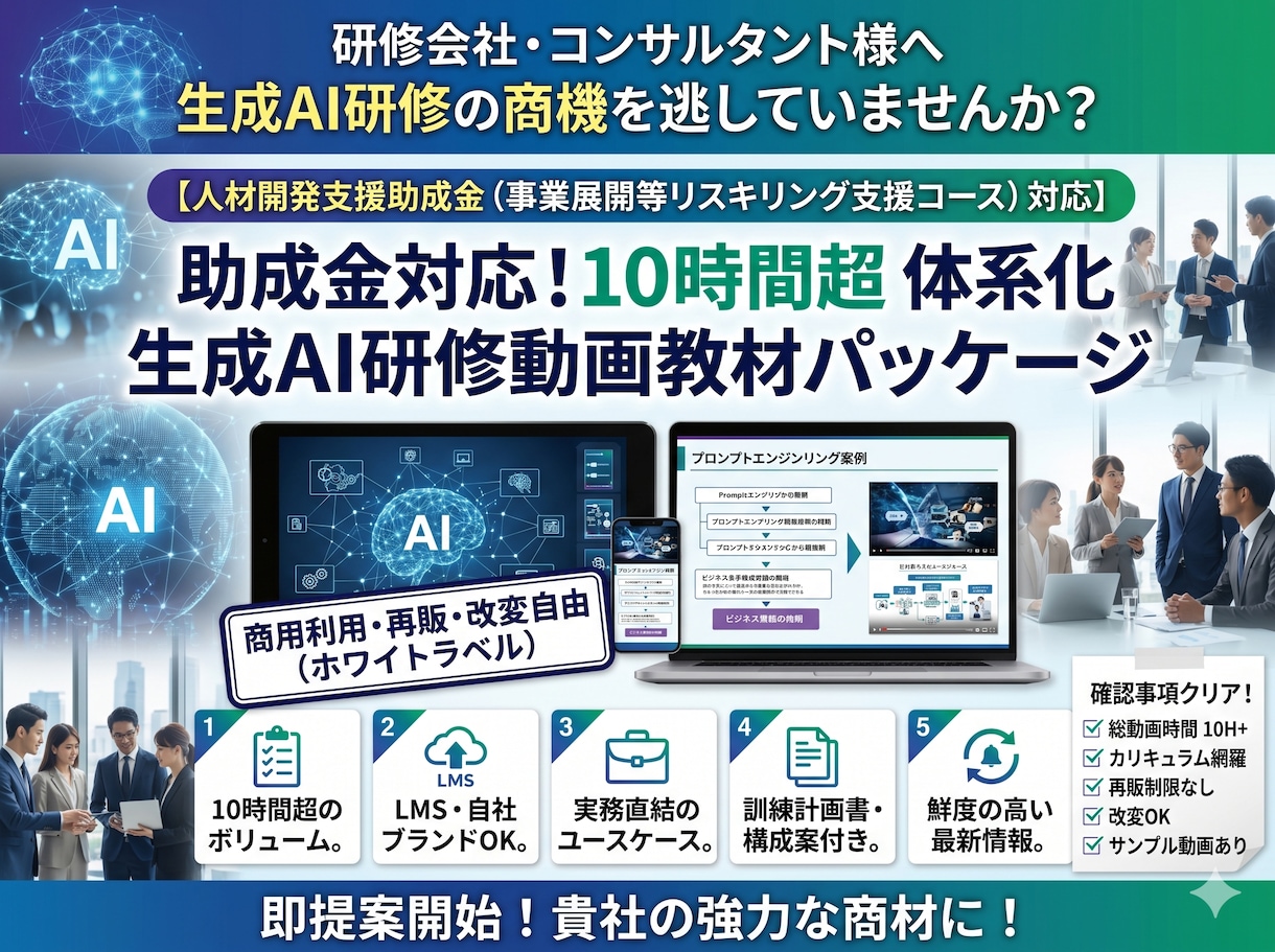 10時間超の法人向け生成AI研修動画提供します 【助成金対応】生成AI研修動画｜商用利用・再販・改変OK イメージ1