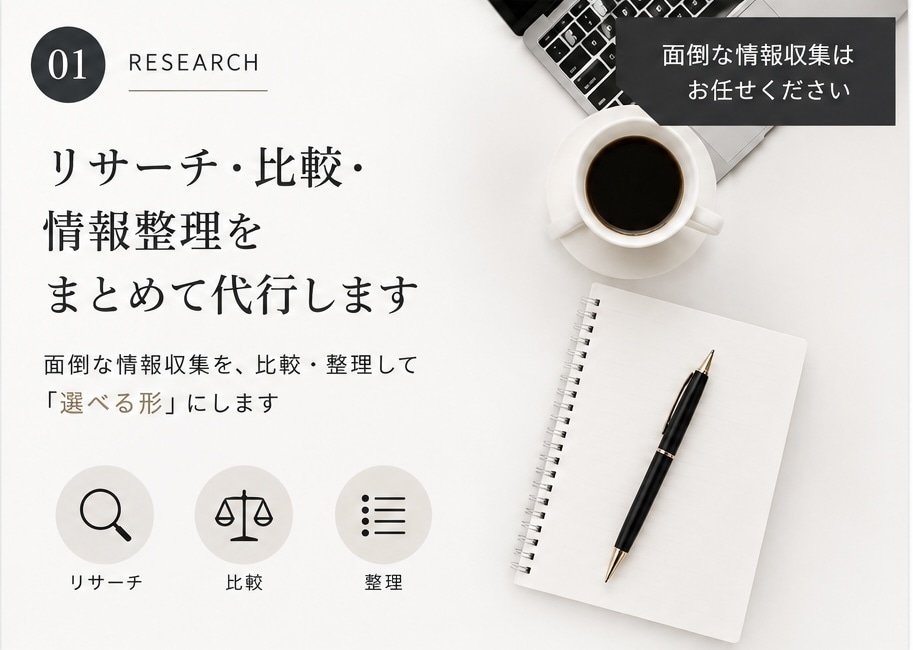 リサーチ・比較・情報整理をまとめて代行します 面倒な情報収集を、比較・整理して「選べる形」にします イメージ1