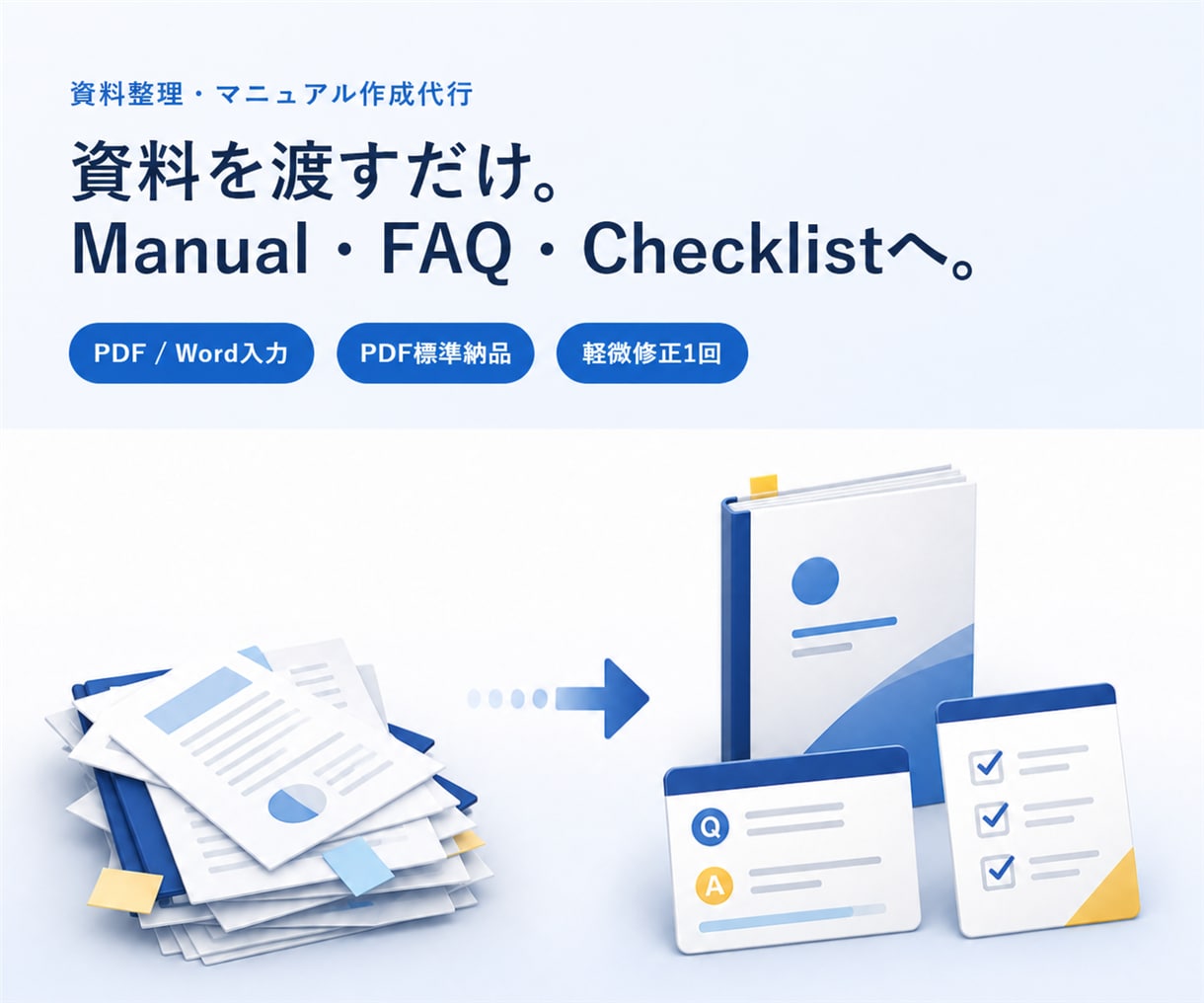 PDF等を業務マニュアル・手順書に整理します 資料を渡すだけ。FAQ・チェックリストもまとめて納品 イメージ1