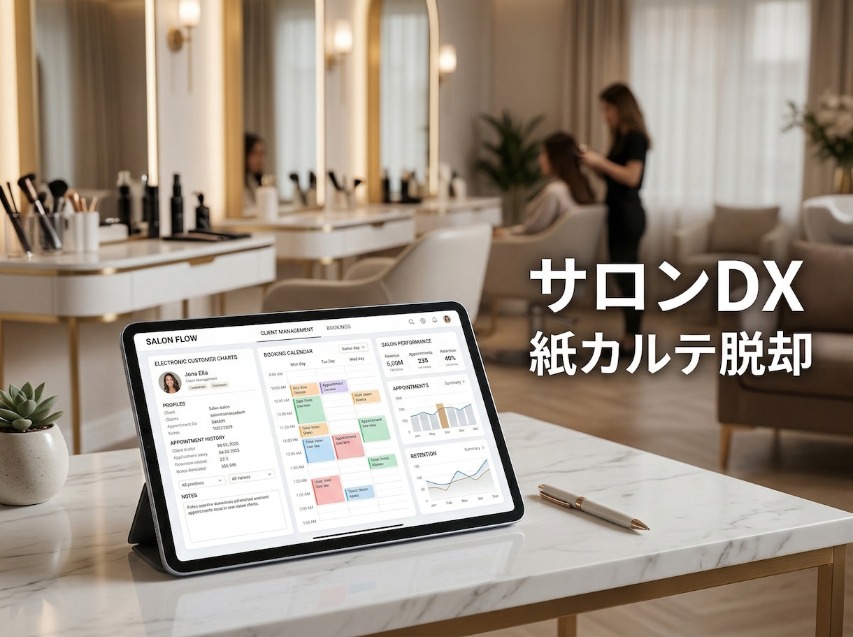 サロンの紙カルテ予約管理を専用システムDX化します 電子カルテや予約一元管理で、スタッフの業務負担を劇的削減 イメージ1