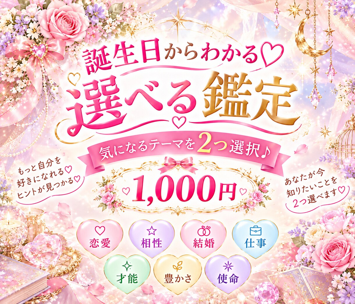 誕生日から選べる鑑定☆気になるテーマ2つ占います 「お相手との関係」又は「あなた自身」のどちらかを選べます♡ イメージ1