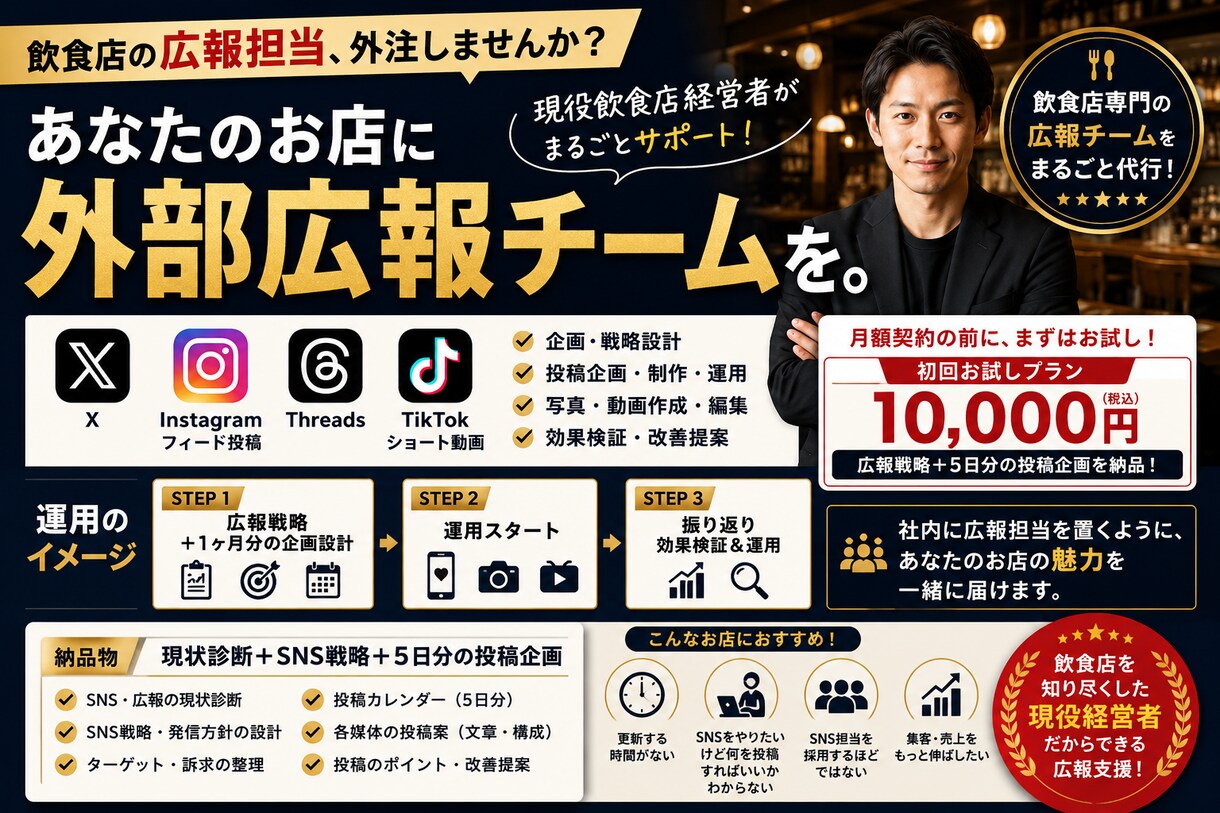 飲食店専門のSNS・広報チームをまるごと代行します X・Instagram・Threads・ショート動画まで対応 イメージ1