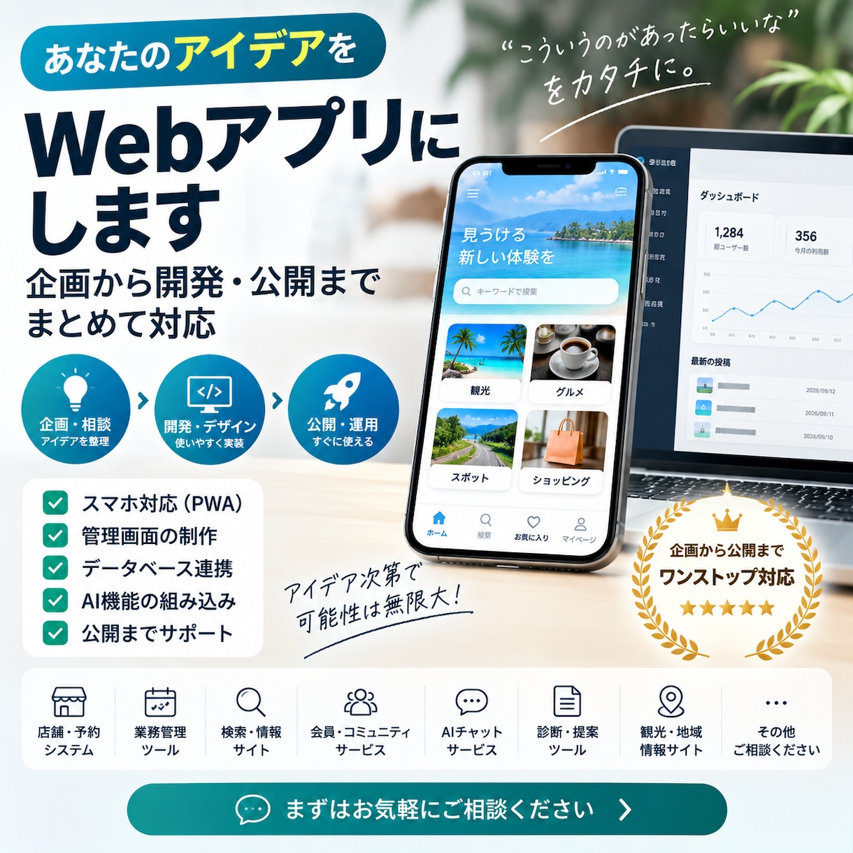 アイデアをWebアプリにします 企画から開発・公開までまとめて対応します。 イメージ1