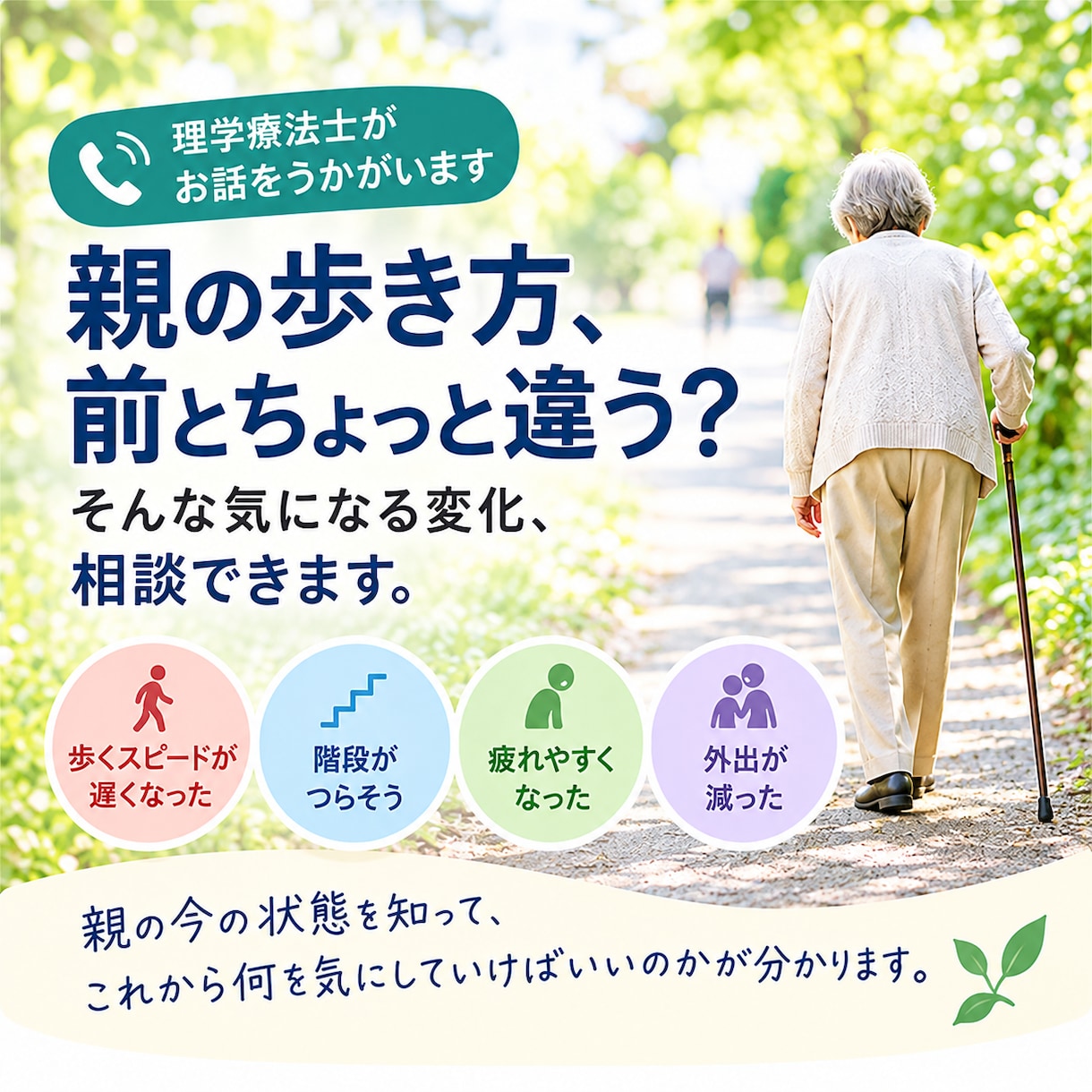 親の体の変化や健康不安を整理します 歩き方や姿勢など、「最近ちょっと気になる」を相談できます イメージ1