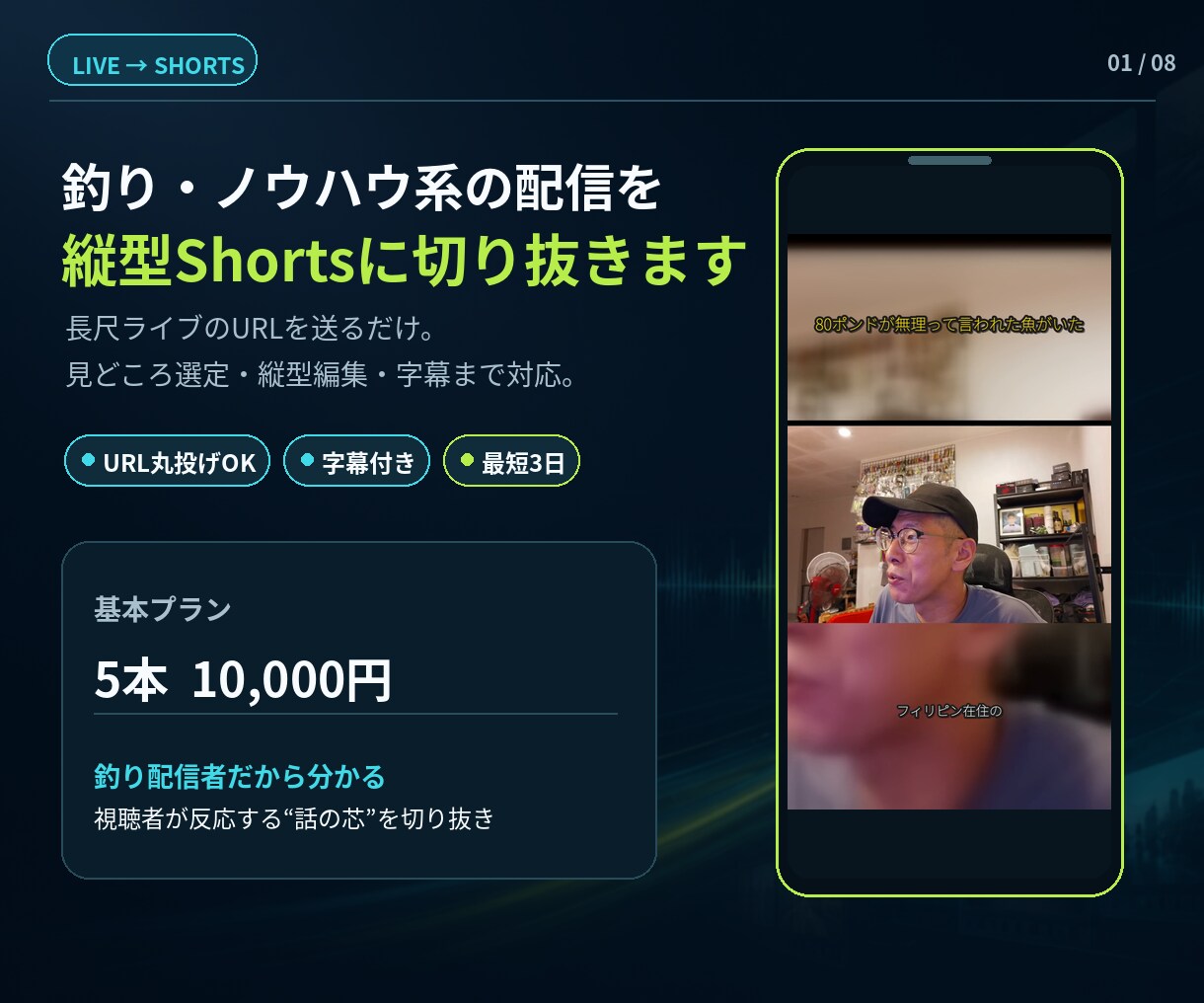 釣りノウハウ系ライブ縦型ショート切抜きます 格安・スピード・URL送るだけで納品まで完全対応 イメージ1