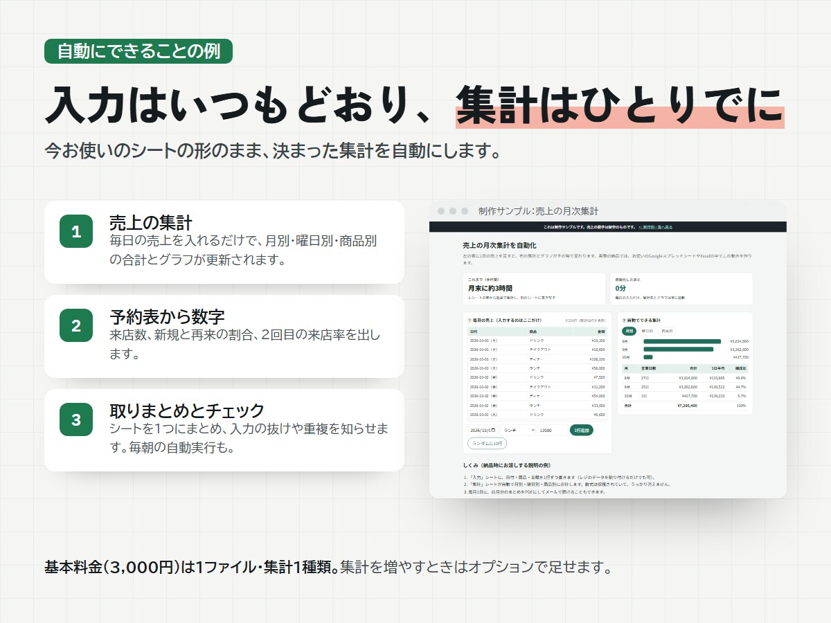 スプレッドシート集計をGAS・マクロで自動化します データ集計・転記を自動に｜エクセルからの移行もOK イメージ2