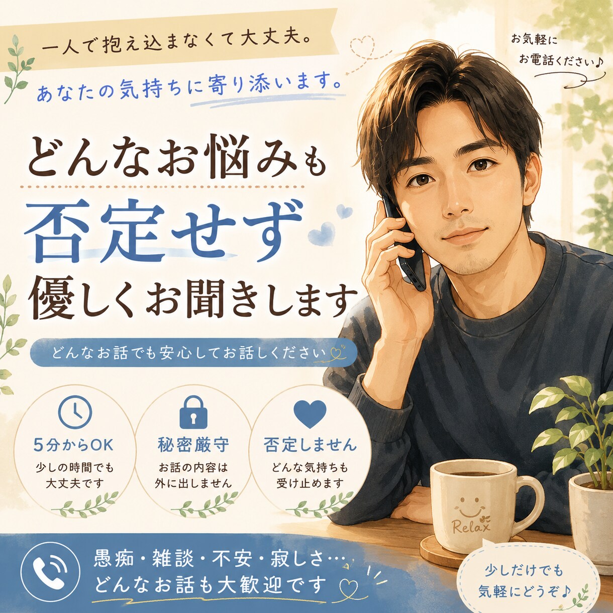 どんな悩みも安心してお聞きします 一人で抱え込まなくて大丈夫。あなたの気持ちに寄り添います。 イメージ1