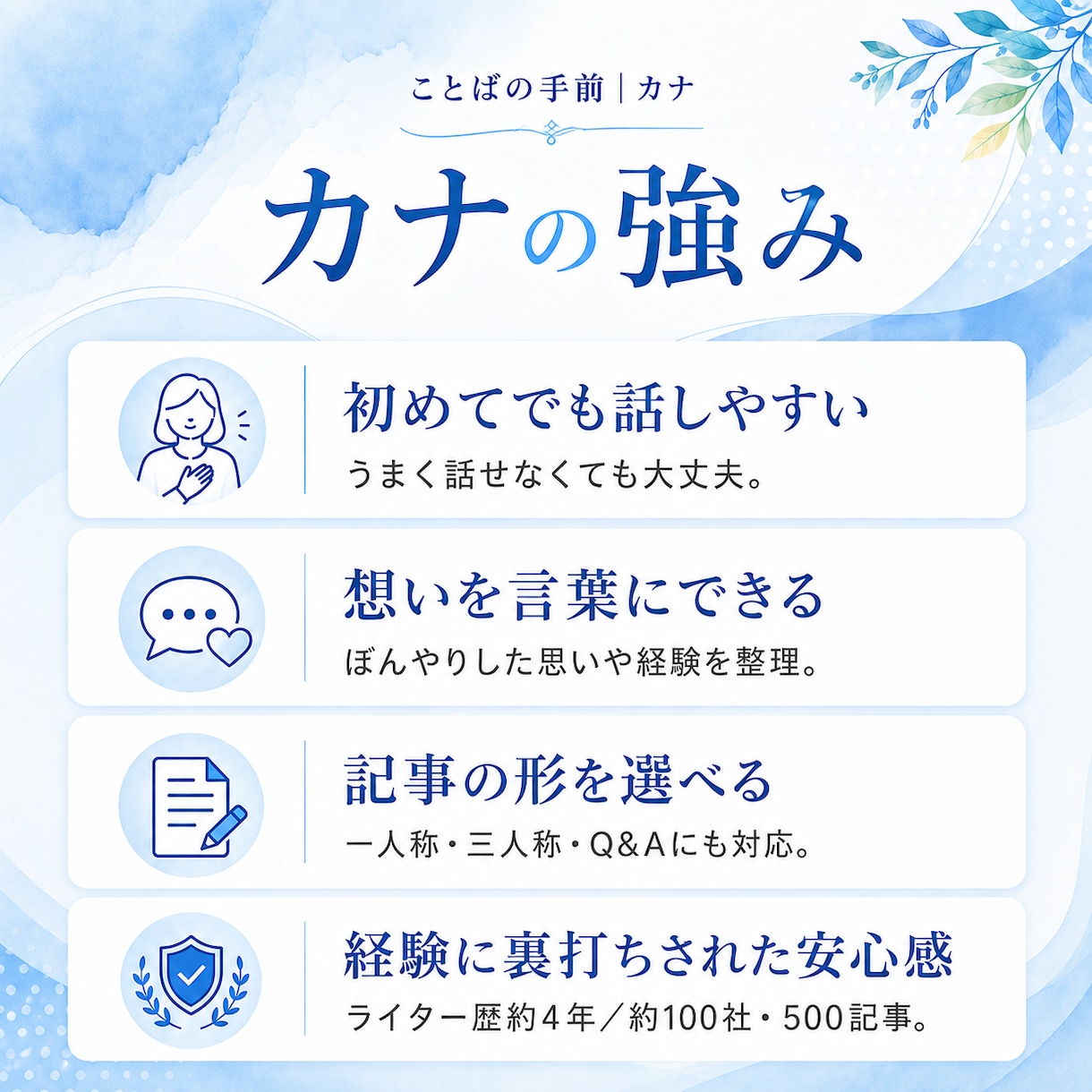 等身大の想いを記事にします 「伝えたい」はある。「文章」がまだない。私がお手伝いします。 イメージ2