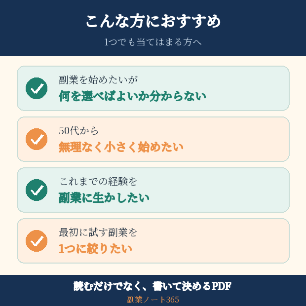 50代会社員の副業候補を7つの質問で見つけます 経験を棚卸し、最初に試す副業を決める15ページPDF イメージ3