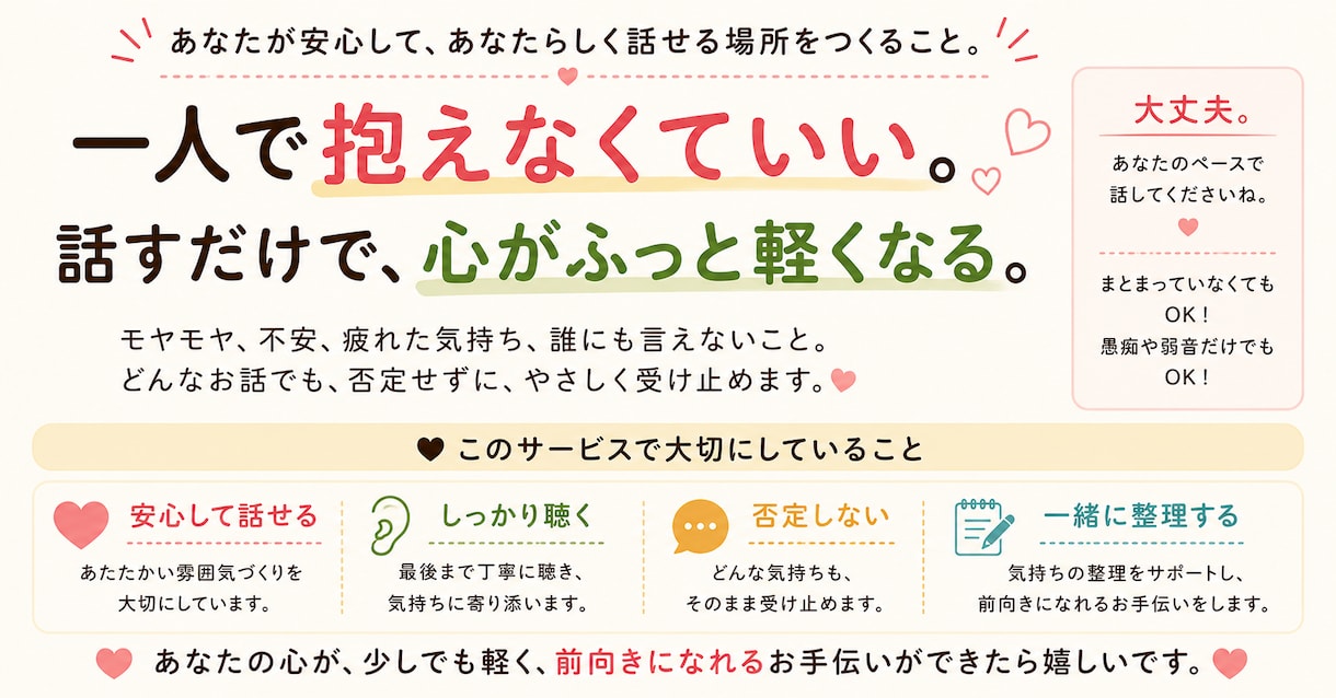 自分を責めてしまうあなたの気持ちを整理します 「またできなかった…」そんな自分責めを一緒にほどきます イメージ2