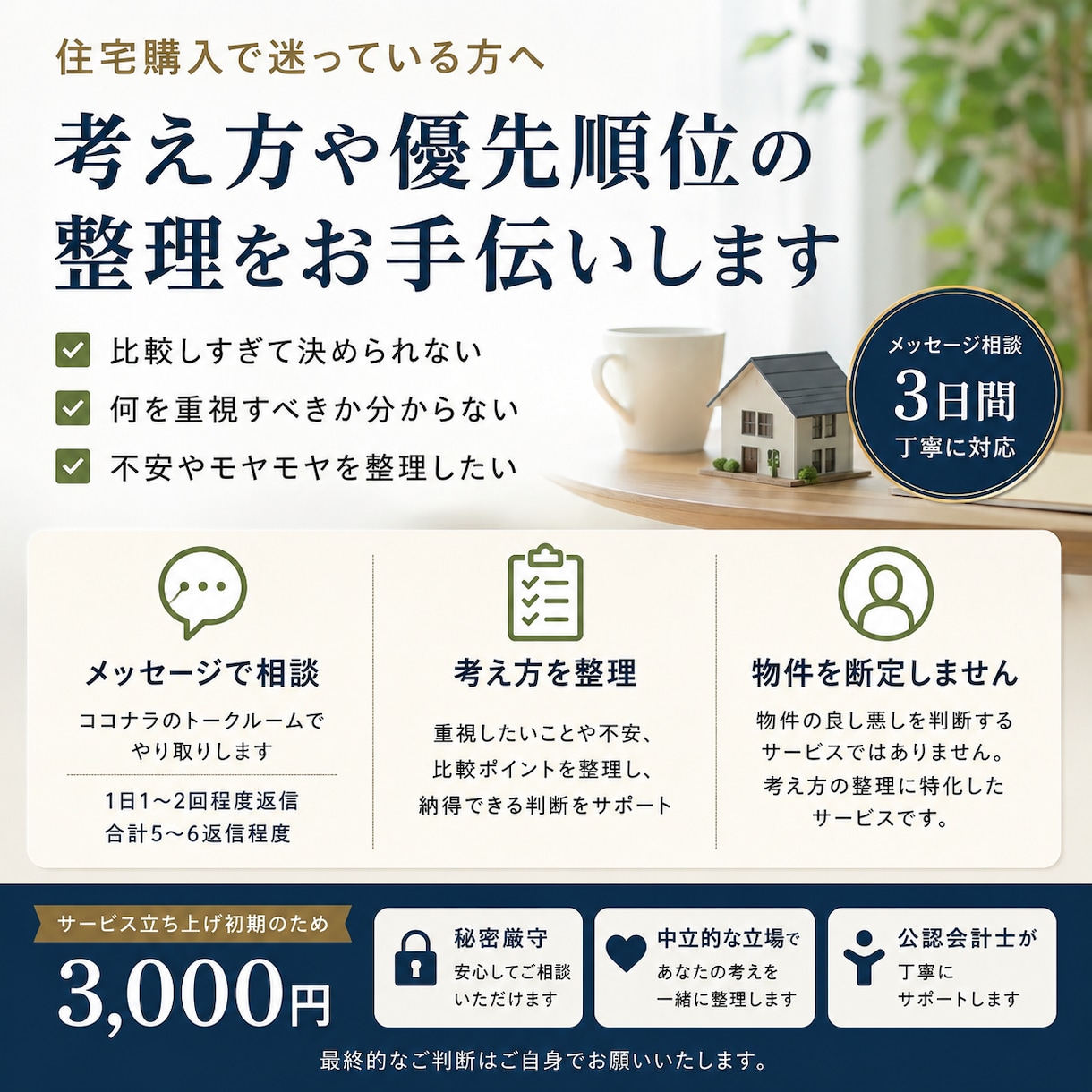 住宅購入で迷っている方、考え方の整理を手伝います 後悔しない住宅購入のためにあなたの迷いを整理します イメージ1