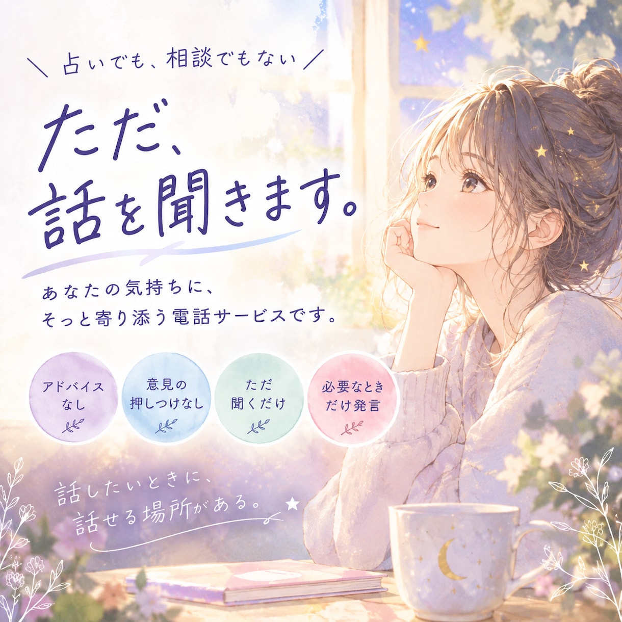 ただ、あなたの話を電話で聞きます 占いでもなく、相談でもなく、あなたの話を、ただ聞いています。 イメージ1