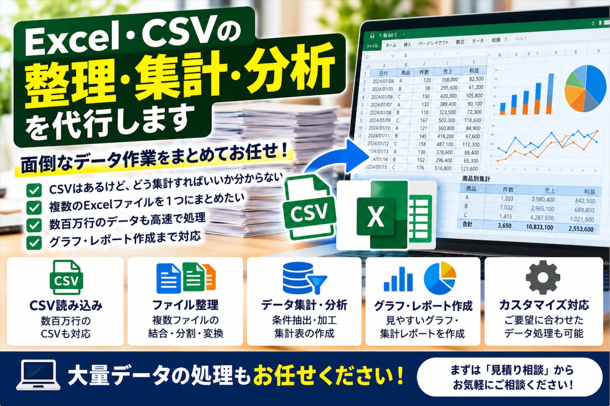 Excel・CSVの整理・集計・分析を代行します Excelで開けない大容量CSVOK！数百万行規模の分析実績 イメージ1