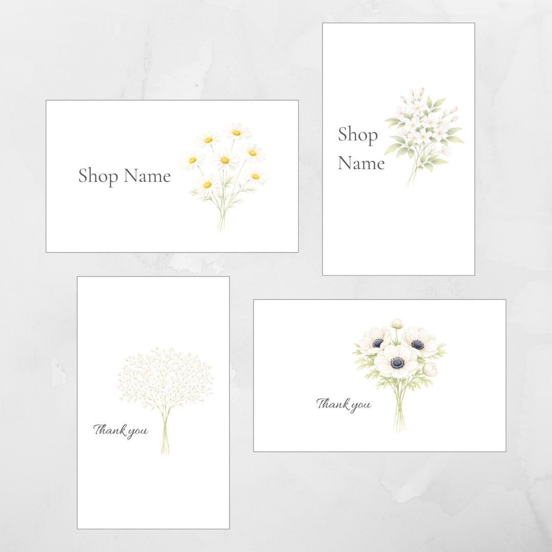 ショップカードまたはサンキューカードを作成します 100枚印刷込み｜送料無料｜水彩フラワー｜ホワイト系 イメージ1