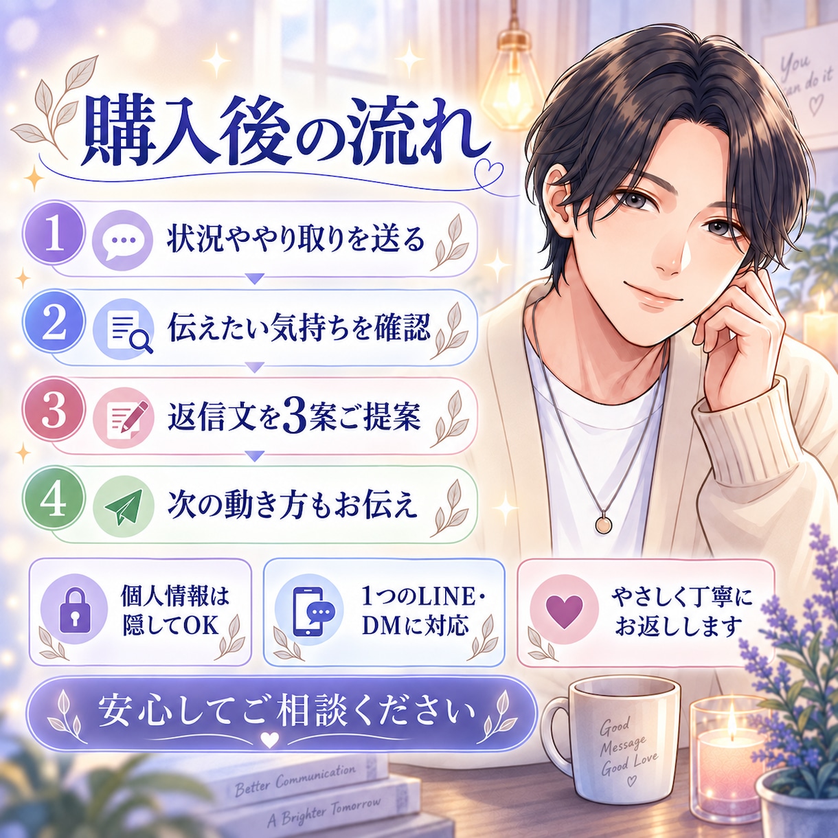 彼に送るLINEを男性目線で一緒に考えます 重く見えない自然な返信を3パターン提案します イメージ4