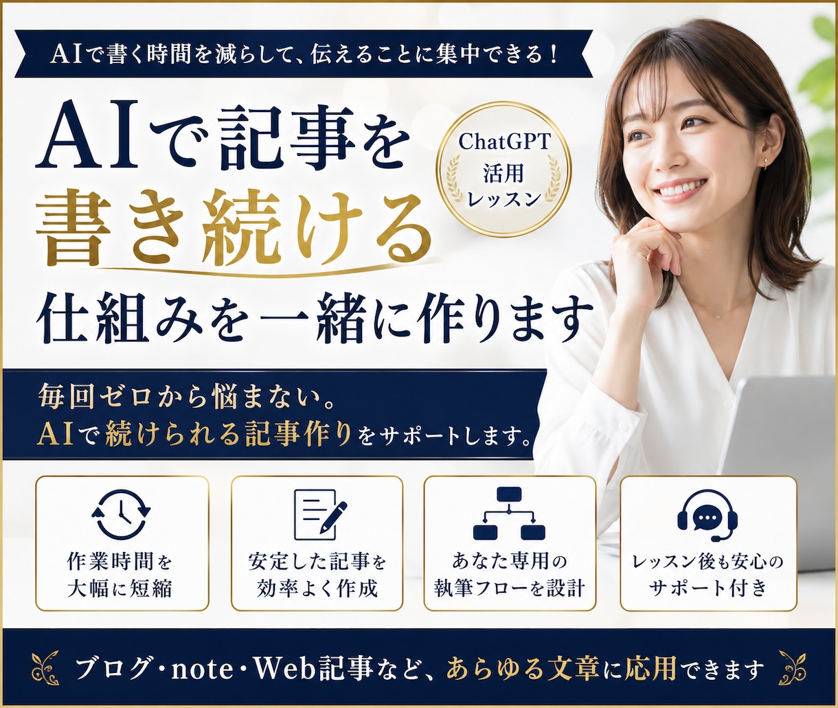 AIで記事を書き続ける仕組みを一緒に作ります AI任せではなく、あなた専用の執筆フローを一緒に設計します イメージ1