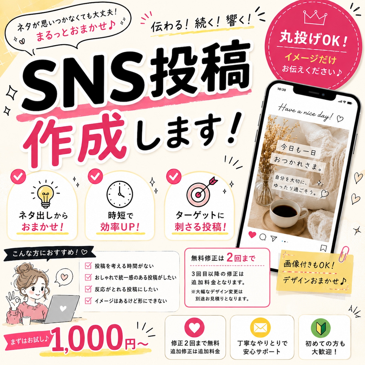 SNS投稿の文章を作成します 伝えたいことを、読みやすく魅力的な文章にします！ イメージ1
