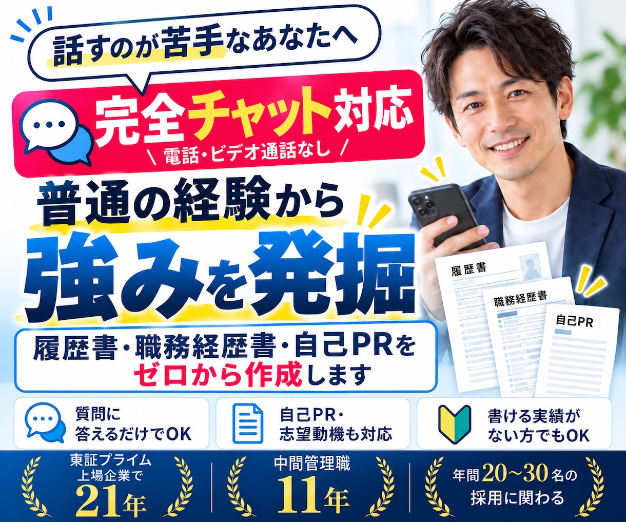 履歴書・職務経歴書を完全チャットで作成します 書ける実績がなくてもOK！自己PR・志望動機まで一括作成 イメージ1