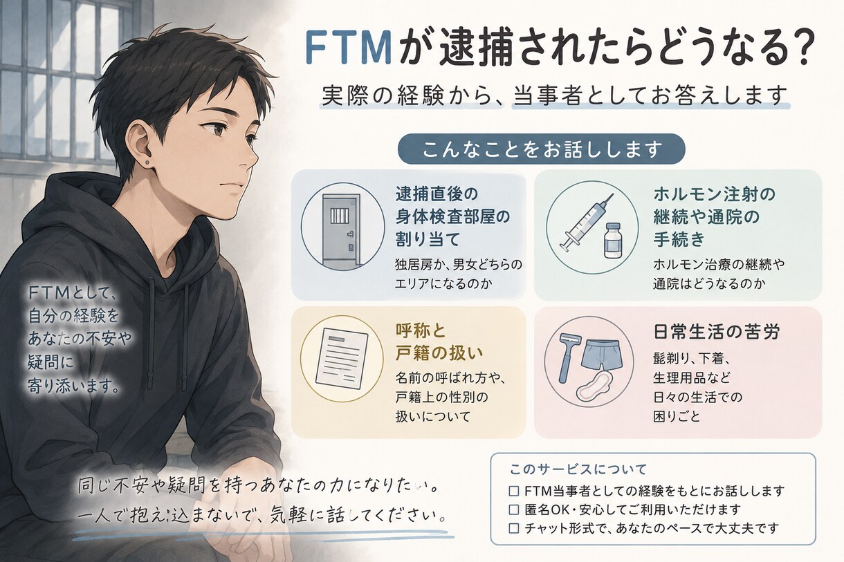 FTMが逮捕された場合の扱いなどを綴ります 警察や司法の場でFTMの対応など経験から執筆します イメージ1