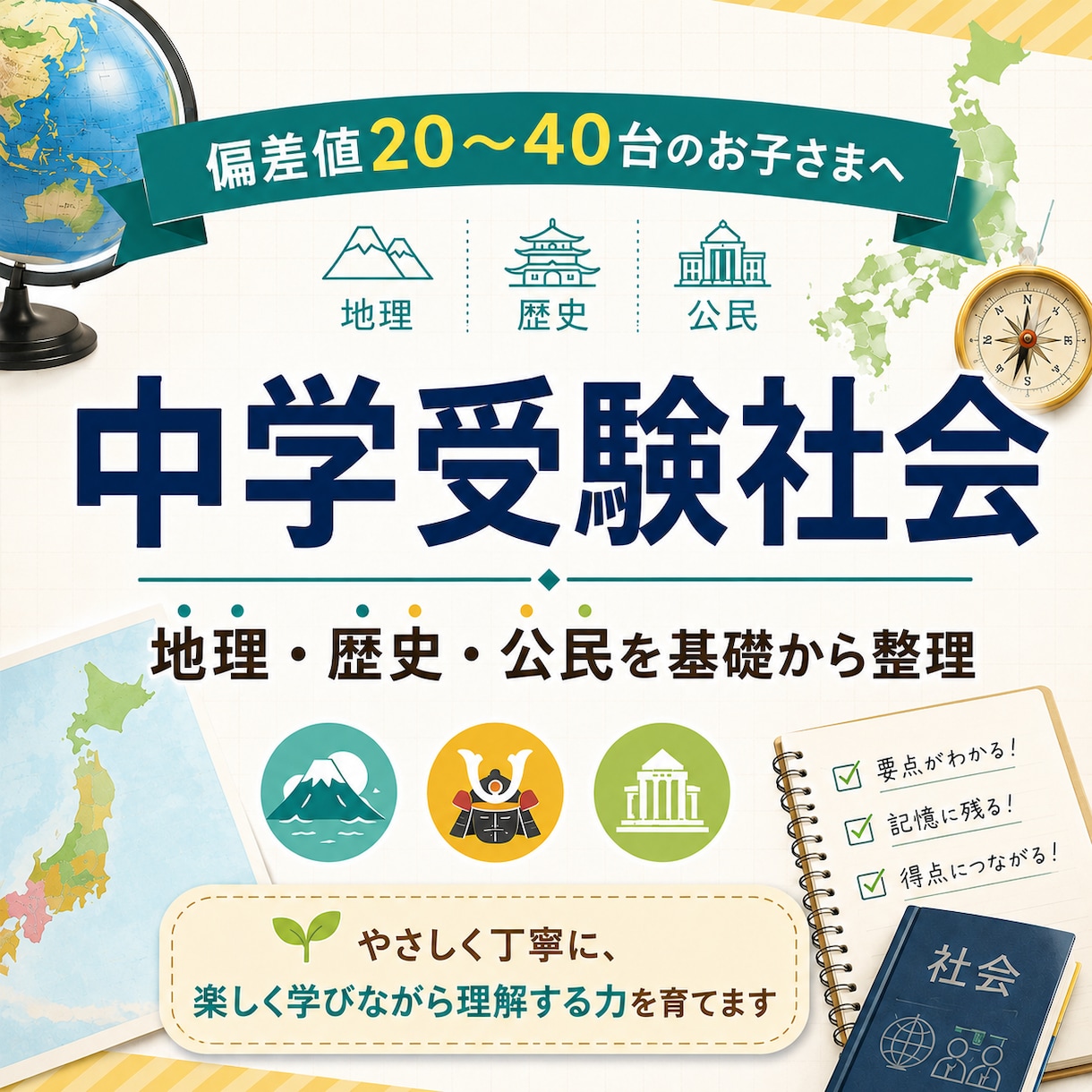 中学受験社会｜偏差値20〜40台を伸ばします 暗記だけで終わらない社会を教えます イメージ1