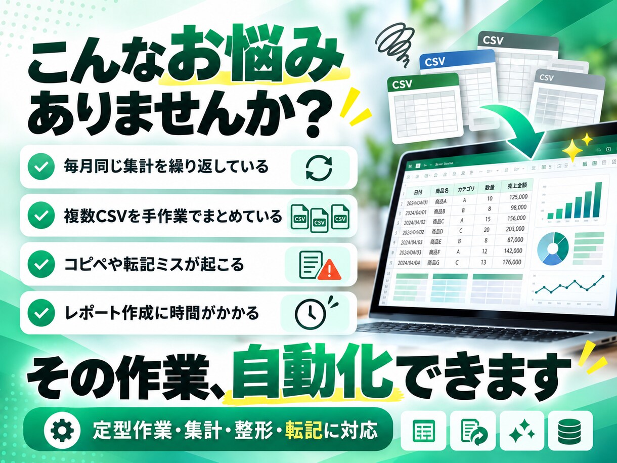 Excel・CSV自動化します 毎日のコピペ・集計・整形作業をラクにします イメージ2