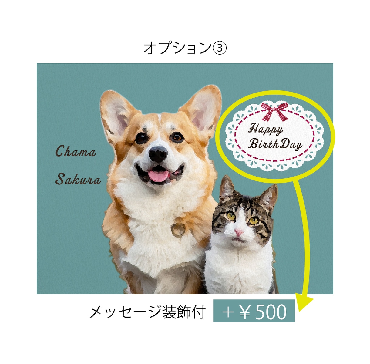 ペットの写真を水彩風アートに仕上げます データ納品｜名前入れ無料｜オプションで装飾付きメッセージ可能 イメージ5